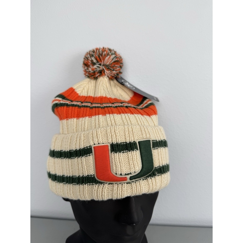 Miami Hurricanes '47 Brand Cuff Knit Beanie Hat Cap NCAA Striped Logo Pom NWT